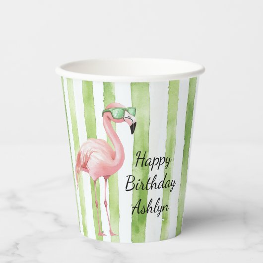 Groene Roze Strepen Flamingo Verjaardag Papieren Bekers (Voorkant)