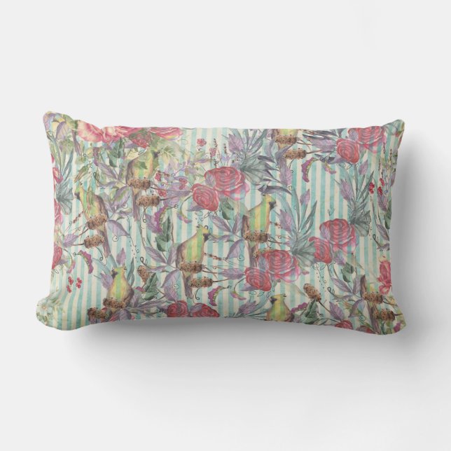  groene roze strepen vogel kussen (Voorkant)