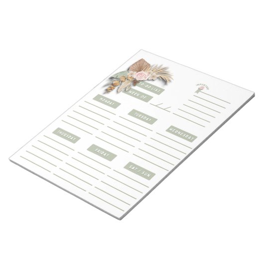 Groene Roze Tan Bloemige Boho Weekplanner Pagina's Notitieblok (Schuin)