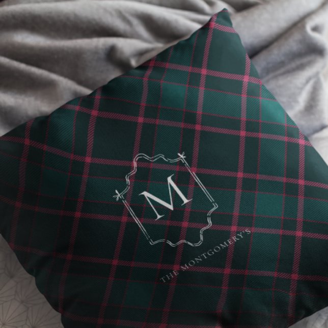 Groene & Roze Tartan | Aangepast monogram kerst Kussen (Creator heeft geüpload)