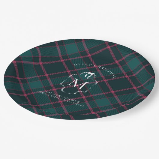 Groene & Roze Tartan | Aangepast monogram kerst Papieren Bordje (Gekanteld)