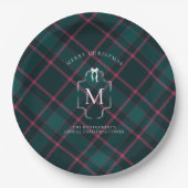 Groene & Roze Tartan | Aangepast monogram kerst Papieren Bordje (Voorkant)