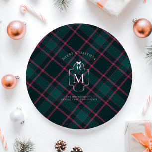 Groene & Roze Tartan   Aangepast monogram kerst Papieren Bordje
