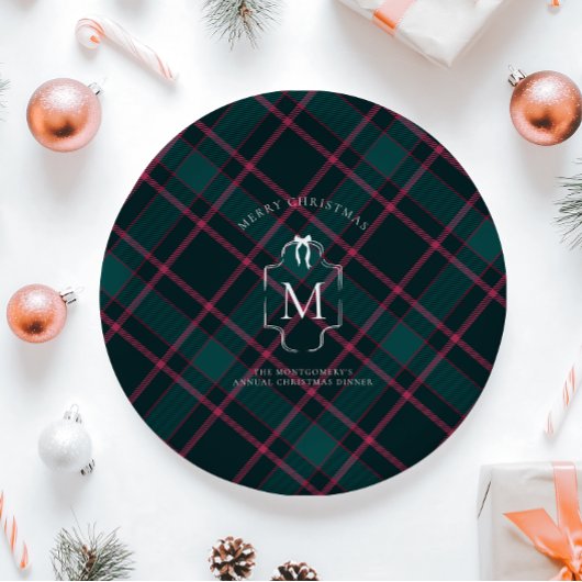Groene & Roze Tartan | Aangepast monogram kerst Papieren Bordje
