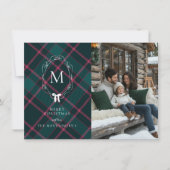 Groene & Roze Tartan | Coquette-boog monogram Feestdagenkaart (Voorkant)