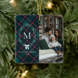 Groene & Roze Tartan | Coquette-boog monogram Keramisch Ornament