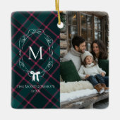 Groene & Roze Tartan | Coquette-boog monogram Keramisch Ornament (Voorkant)