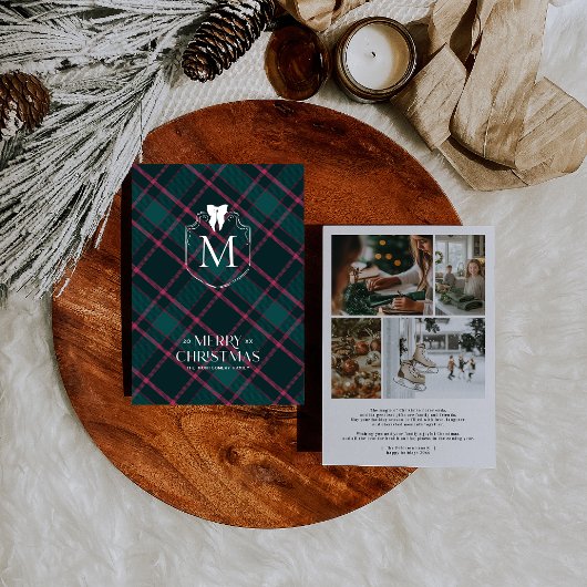 Groene & Roze Tartan | Coquette Bow Monogram Foto Feestdagenkaart