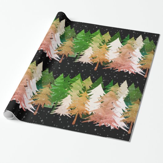 Groene roze witte kerstbomen sterren sneeuwzwart cadeaupapier (Uitgerold)