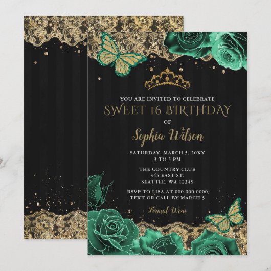  groene Rozen Black Gold Lace Sweet 16 Kaart (Voorkant / Achterkant)