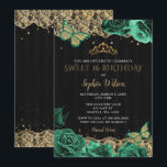 groene Rozen Black Gold Lace Sweet 16 Kaart<br><div class="desc">Elegant  Emerald Green Rozen Butterflies Black Gold Lace Sweet 16 Birthday Uitnodiging</div>
