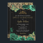 groene Rozen Black Gold Lace Sweet 16 Kaart<br><div class="desc">Elegant  Emerald Green Rozen Butterflies Black Gold Lace Sweet 16 Birthday Uitnodiging</div>