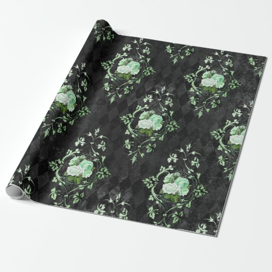  Groene Rozen en Zwart Harlekijnpatroon Cadeaupapier (Uitgerold)