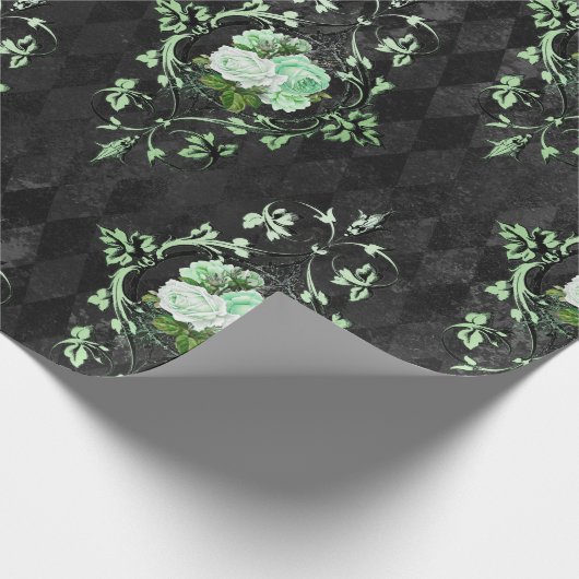  Groene Rozen en Zwart Harlekijnpatroon Cadeaupapier (Hoek)