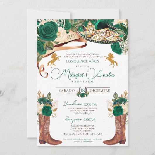 Groene Rozen Fancy Westerne Charro Quinceanera Kaart (Voorkant)