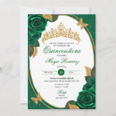 Groene Rozen Gold Glitter Butterfly Quinceañera Kaart (Voorkant)