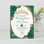 Groene Rozen Gold Glitter Butterfly Quinceañera Kaart (Staand voorkant)
