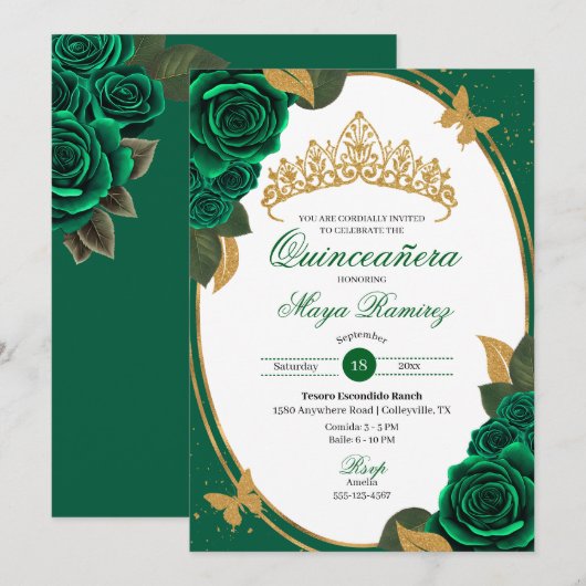 Groene Rozen Gold Glitter Butterfly Quinceañera Kaart (Voorkant / Achterkant)
