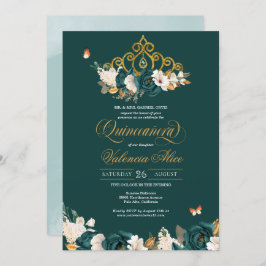 Groene Rozen Gold Tiara Butterflies Quinceanera Kaart