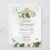 Groene Rozen Gold Tiara Butterfly Quinceanera Kaart (Voorkant)