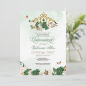 Groene Rozen Gold Tiara Butterfly Quinceanera Kaart (Staand voorkant)