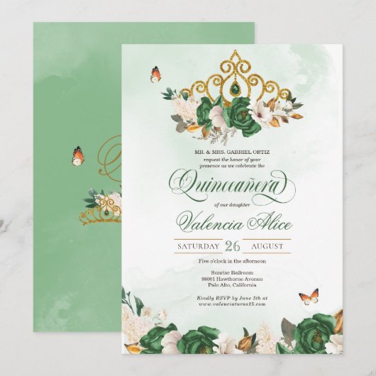 Groene Rozen Gold Tiara Butterfly Quinceanera Kaart (Voorkant / Achterkant)