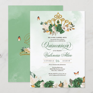 Groene Rozen Gold Tiara Butterfly Quinceanera Kaart