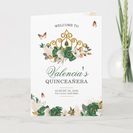 Groene Rozen Gold Tiara Butterfly Quinceanera Programma (Voorkant)