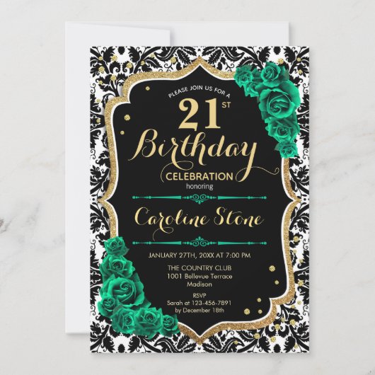 Groene Rozen Goud Zwart Damask 21e Verjaardag Kaart (Voorkant)