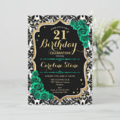 Groene Rozen Goud Zwart Damask 21e Verjaardag Kaart (Staand voorkant)