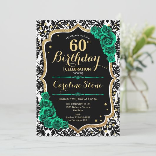 Groene Rozen Goud Zwart Damask 60e Verjaardag Kaart (Staand voorkant)