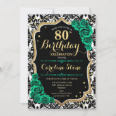 Groene Rozen Goud Zwart Damask 80e Verjaardag Kaart (Voorkant)