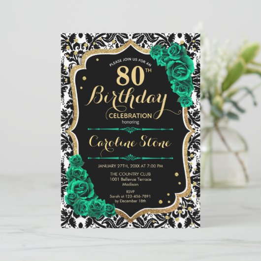 Groene Rozen Goud Zwart Damask 80e Verjaardag Kaart (Staand voorkant)