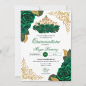 Groene Rozen Gouden Glitter Lijsten Tiara Quinceañ Kaart (Voorkant)