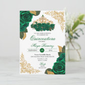 Groene Rozen Gouden Glitter Lijsten Tiara Quinceañ Kaart (Staand voorkant)