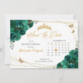 Groene Rozen & Gouden Quinceañera Save The Date Kaart (Voorkant)