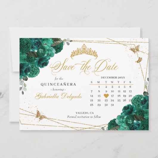 Groene Rozen & Gouden Quinceañera Save The Date Kaart (Voorkant)