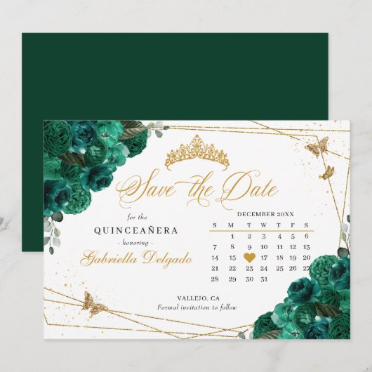 Groene Rozen & Gouden Quinceañera Save The Date Kaart (Voorkant / Achterkant)