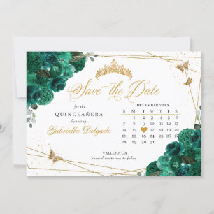 Groene Rozen & Gouden Quinceañera Save The Date Kaart