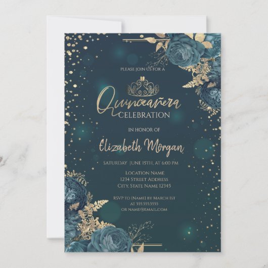 Groene Rozen, Gouden Tiara, Diamonds Quinceañera Kaart (Voorkant)