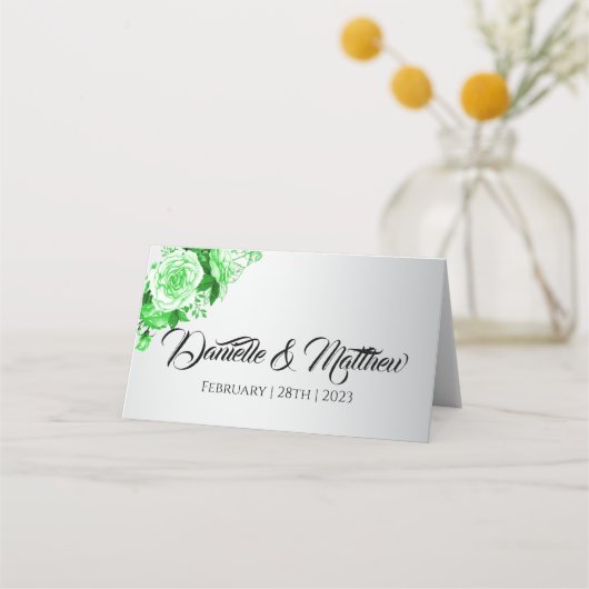 Groene Rozen op Silver Garden Wedding Plaatskaartje (Voorkant)