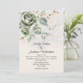 Groene Rozen pioenen Elegante gouden glitter bruil Kaart (Staand voorkant)