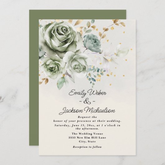 Groene Rozen pioenen Elegante gouden glitter bruil Kaart (Voorkant / Achterkant)