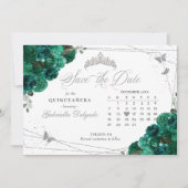 Groene Rozen & Silver Quinceañera Save The Date Kaart (Voorkant)