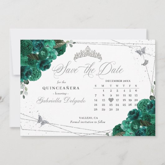 Groene Rozen & Silver Quinceañera Save The Date Kaart (Voorkant)