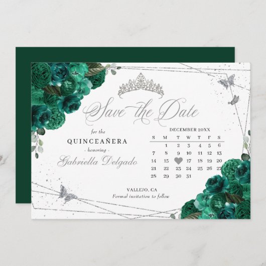 Groene Rozen & Silver Quinceañera Save The Date Kaart (Voorkant / Achterkant)