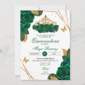 Groene Rozen Tiara Gold Glitter Quinceañera Kaart (Voorkant)