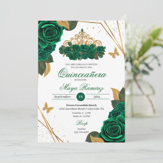 Groene Rozen Tiara Gold Glitter Quinceañera Kaart (Staand voorkant)
