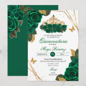 Groene Rozen Tiara Gold Glitter Quinceañera Kaart (Voorkant / Achterkant)