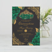 Groene Rozen Zwart Goud Glitter Tiara Quinceañera Kaart (Staand voorkant)